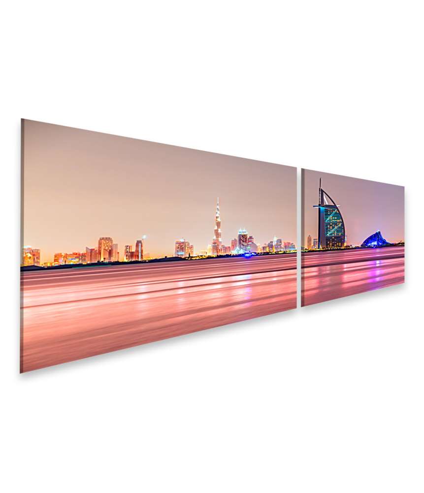 Islandburner Bild auf Leinwand Burj Al Arab Dubai Hotel vor rosafarbenem Himmel und Meer