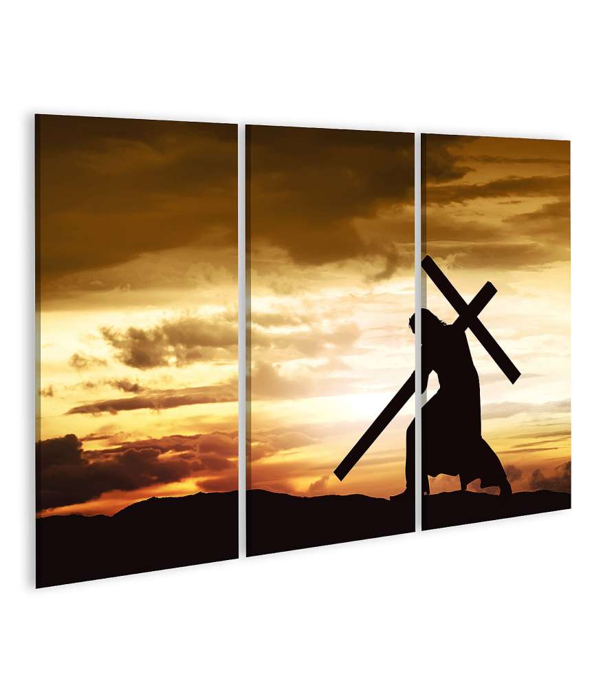 Islandburner Bild auf Leinwand Silhouette von Jesus am Kreuz auf einem Hügel bei Sonnenuntergang