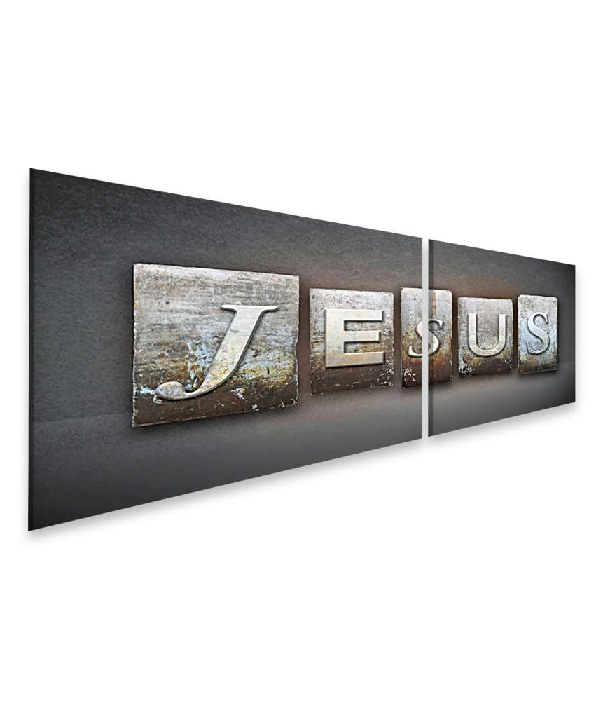 Islandburner Bild auf Leinwand Jesus' Name in Vintage-Typografie auf einem Wandbild im Buchdruck-Stil