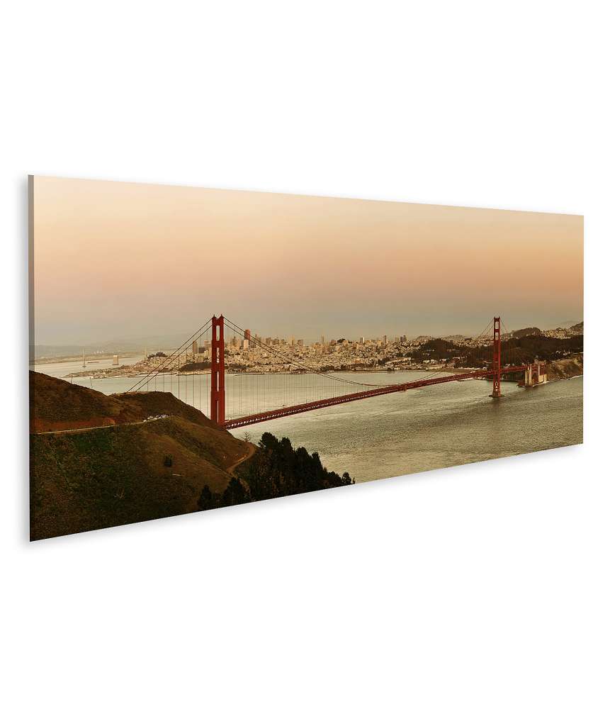 Islandburner Bild auf Leinwand Panorama der Golden Gate Bridge bei Sonnenuntergang in San Francisco