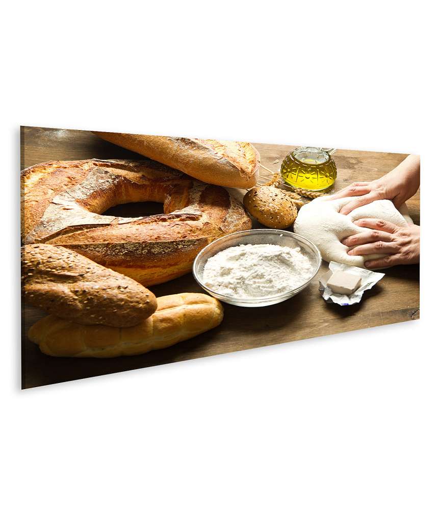 Islandburner Bild auf Leinwand Bäckerei-Wandbild mit Mehl, Teigkneten und Tischszene