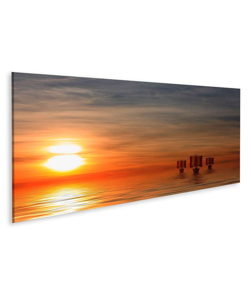 Islandburner Bild auf Leinwand Wikingerschiffe vor malerischem Sonnenuntergang als Wandbild