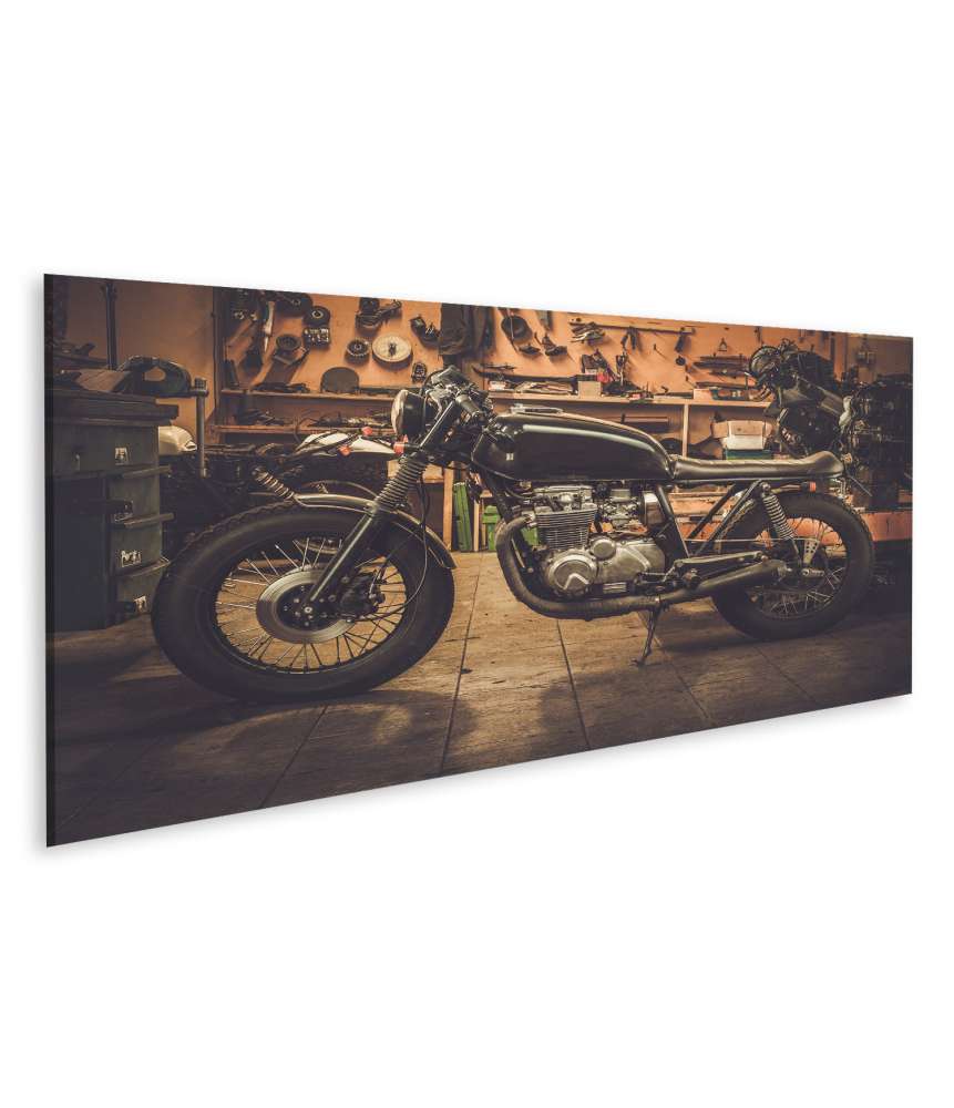 Islandburner Bild auf Leinwand Vintage-Stil Café Racer Motorrad in einer maßgeschneiderten Garage Wandbild