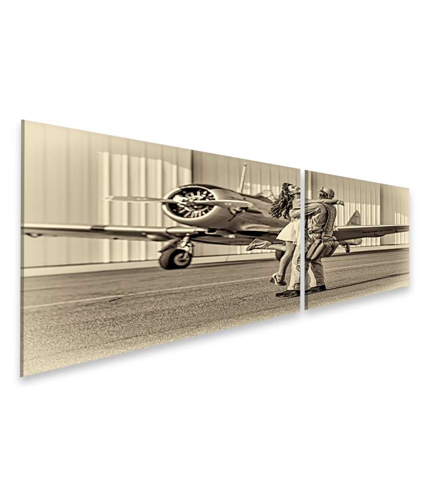 Islandburner Bild auf Leinwand Vintage-gekleidetes Modell mit Pilot und WW-II-Flugzeug auf Wandbild