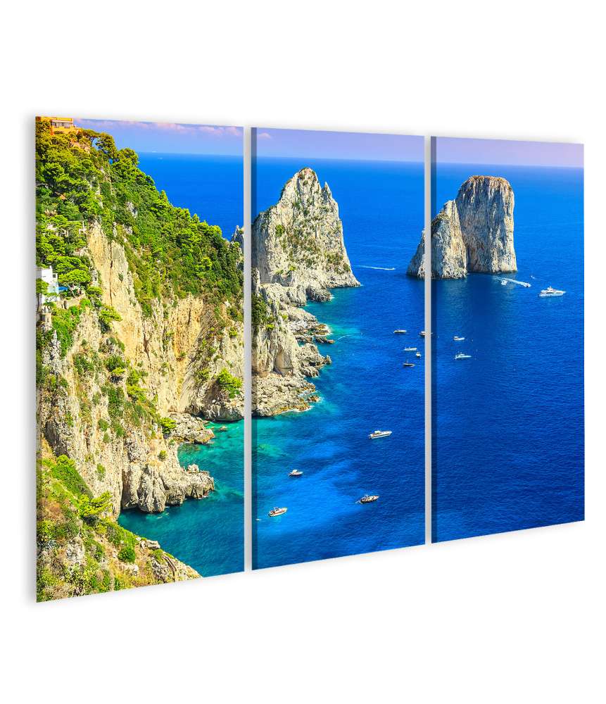 Islandburner Bild auf Leinwand Panoramisches Wandbild von Capri Insel, Strand und Faraglioni Klippen, Italien