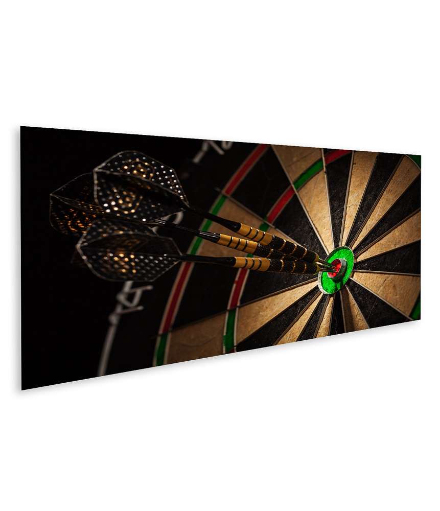 Islandburner Bild auf Leinwand Drei Darts präzise im Bulls Eye eines Dartboards