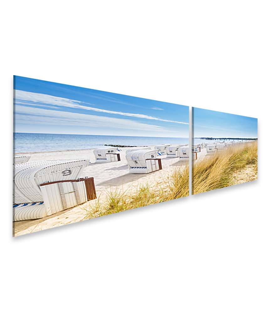 Islandburner Bild auf Leinwand Panoramablick von einer Düne auf Strandkörbe am Nordsee-Ostsee Strand