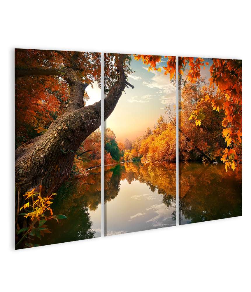 Islandburner Bild auf Leinwand Herbstlicher Wald mit orangefarbenem Fluss, Wandbild 130A