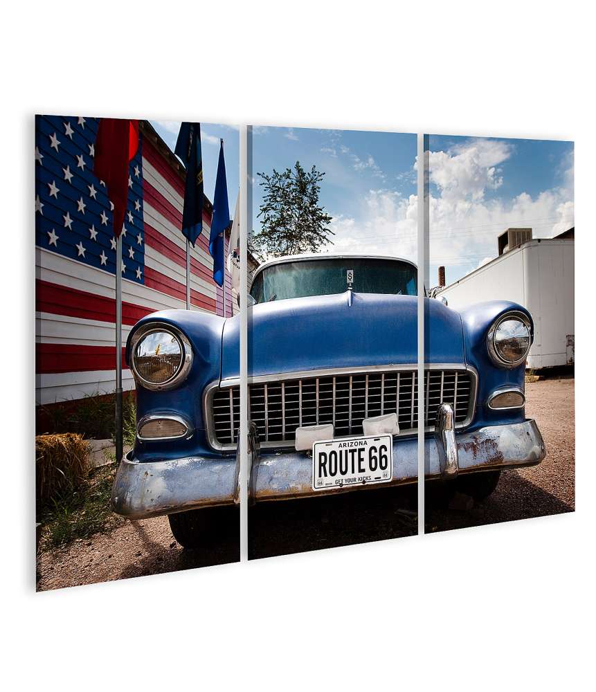 Islandburner Bild auf Leinwand USA-Flagge, Route 66 und amerikanisches Auto Wandbild