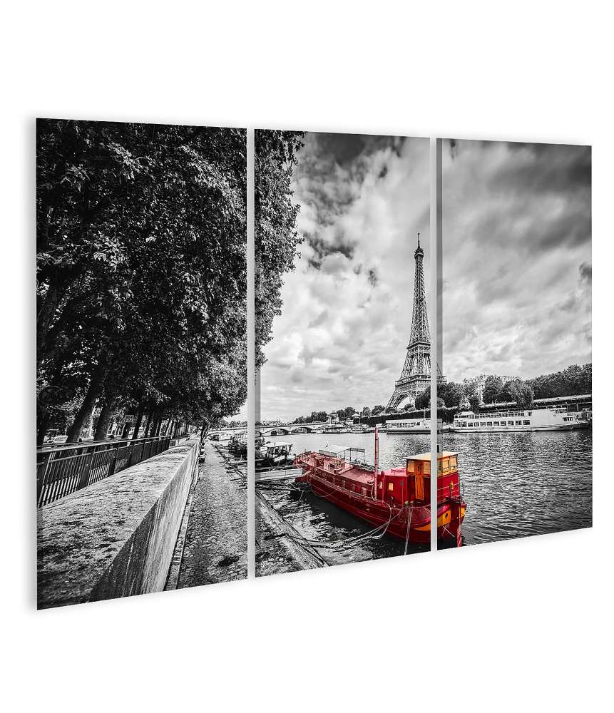 Islandburner Bild auf Leinwand Vintage rotes Touristenschiff auf der Seine, Paris mit Eiffelturm, Frankreich