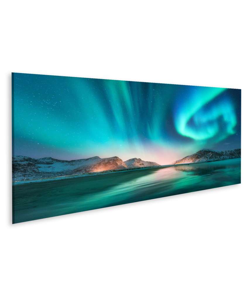 Islandburner Bild auf Leinwand Nordlicht Aurora Borealis über den Lofoten Inseln, Norwegen, mit Sternenhimmel