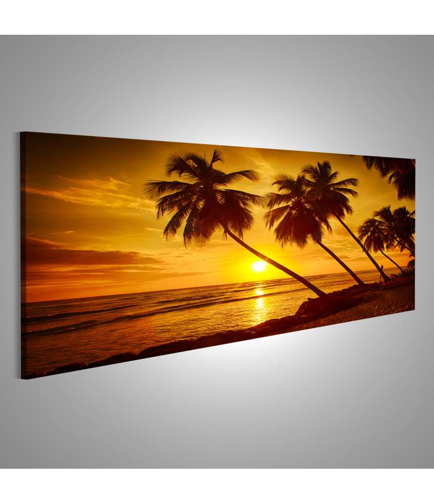 Bild auf Leinwand Atemberaubender Sonnenuntergang mit Palmen an karibischem Strand auf Barbados