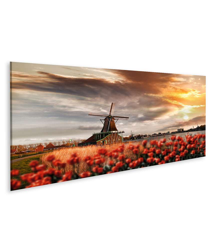 Islandburner Bild auf Leinwand Traditionelle Windmühlen und rote Tulpen in Zaanse Schans, Amsterdam