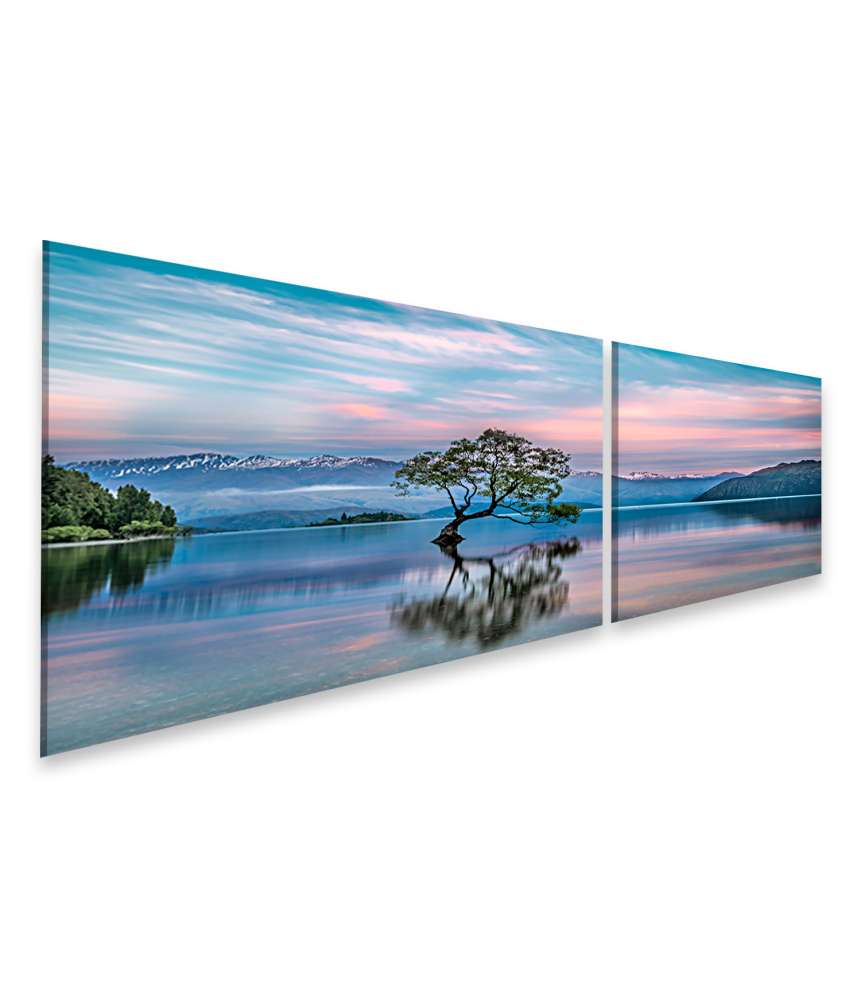 Islandburner Bild auf Leinwand Sonnenaufgang am Wanaka-See mit nebligem Bergpanorama in Neuseeland