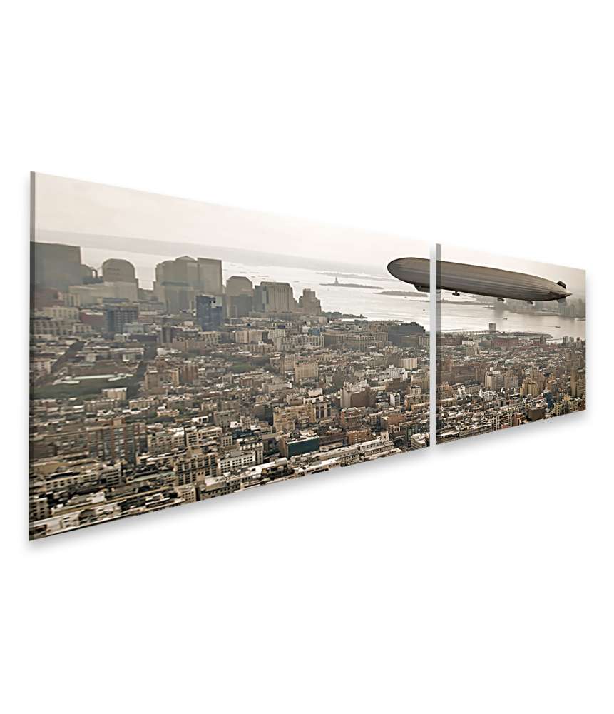 Islandburner Bild auf Leinwand Vintage-Stil Wandbild: Zeppelin schwebt über Manhattan