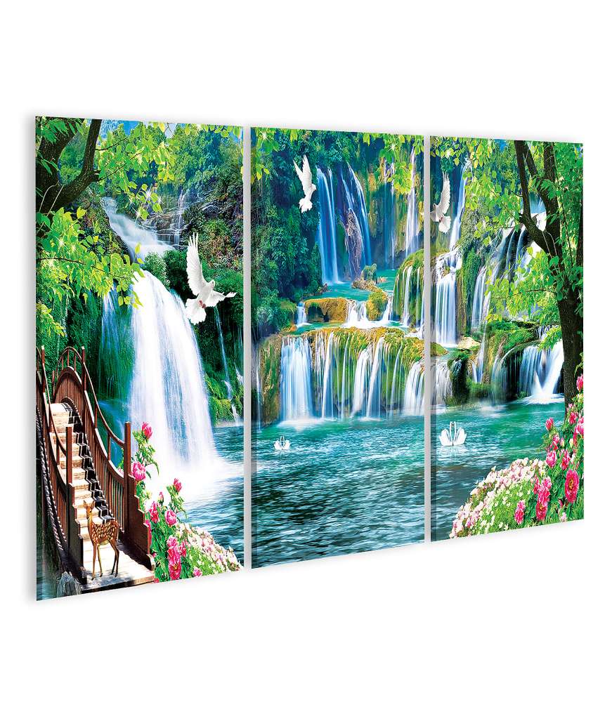 Islandburner Bild auf Leinwand Vibrantes Wandbild: Bunte Landschaft mit Blumen, Bäumen und Wasserfall