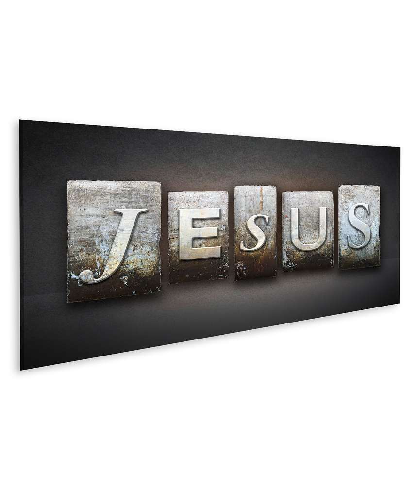 Islandburner Bild auf Leinwand Jesus' Name in Vintage-Typografie auf einem Wandbild im Buchdruck-Stil