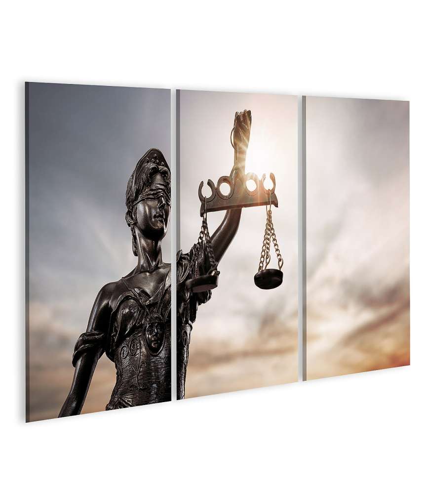 Islandburner Bild auf Leinwand Bronzene Justitia-Figur mit Rechtswaage auf Wandbild