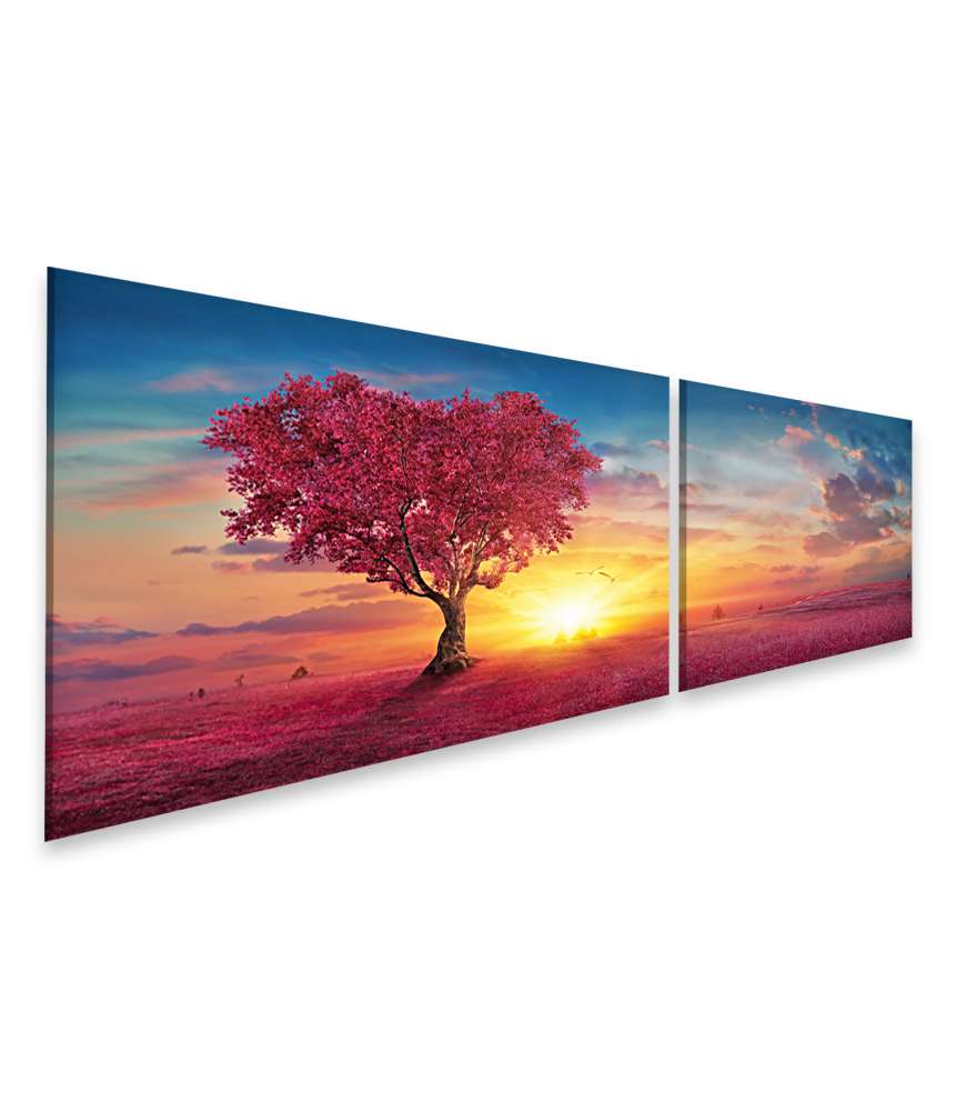 Islandburner Bild auf Leinwand Romantischer Sonnenuntergang mit rotem Herz-Baum in natürlicher Landschaft