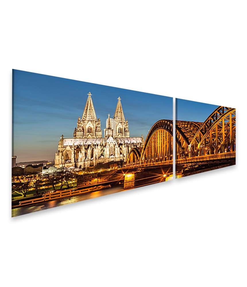 Islandburner Bild auf Leinwand Abenddämmerung am Kölner Dom und Hohenzollernbrücke auf Wandbild