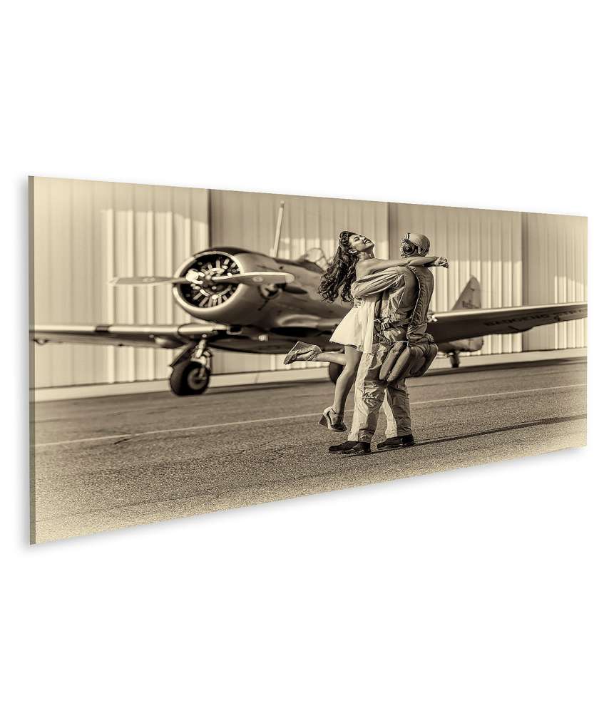 Islandburner Bild auf Leinwand Vintage-gekleidetes Modell mit Pilot und WW-II-Flugzeug auf Wandbild