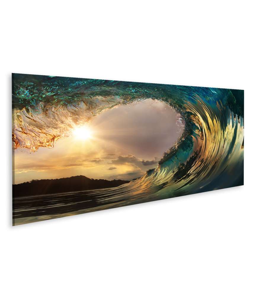 Islandburner Bild auf Leinwand Atemberaubendes Wandbild einer Surfwelle im Sonnenuntergang am Ozeanstrand