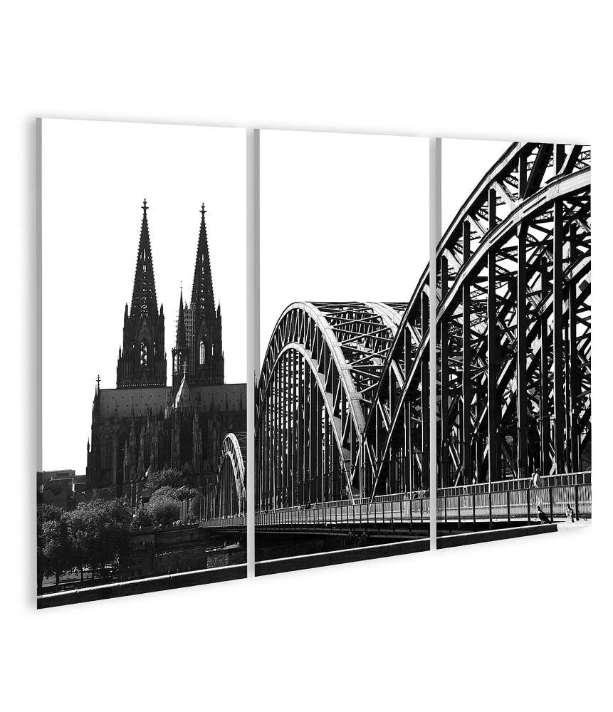 Islandburner Bild auf Leinwand Schwarz-Weiß Wandbild des Kölner Doms mit Brücke in Köln