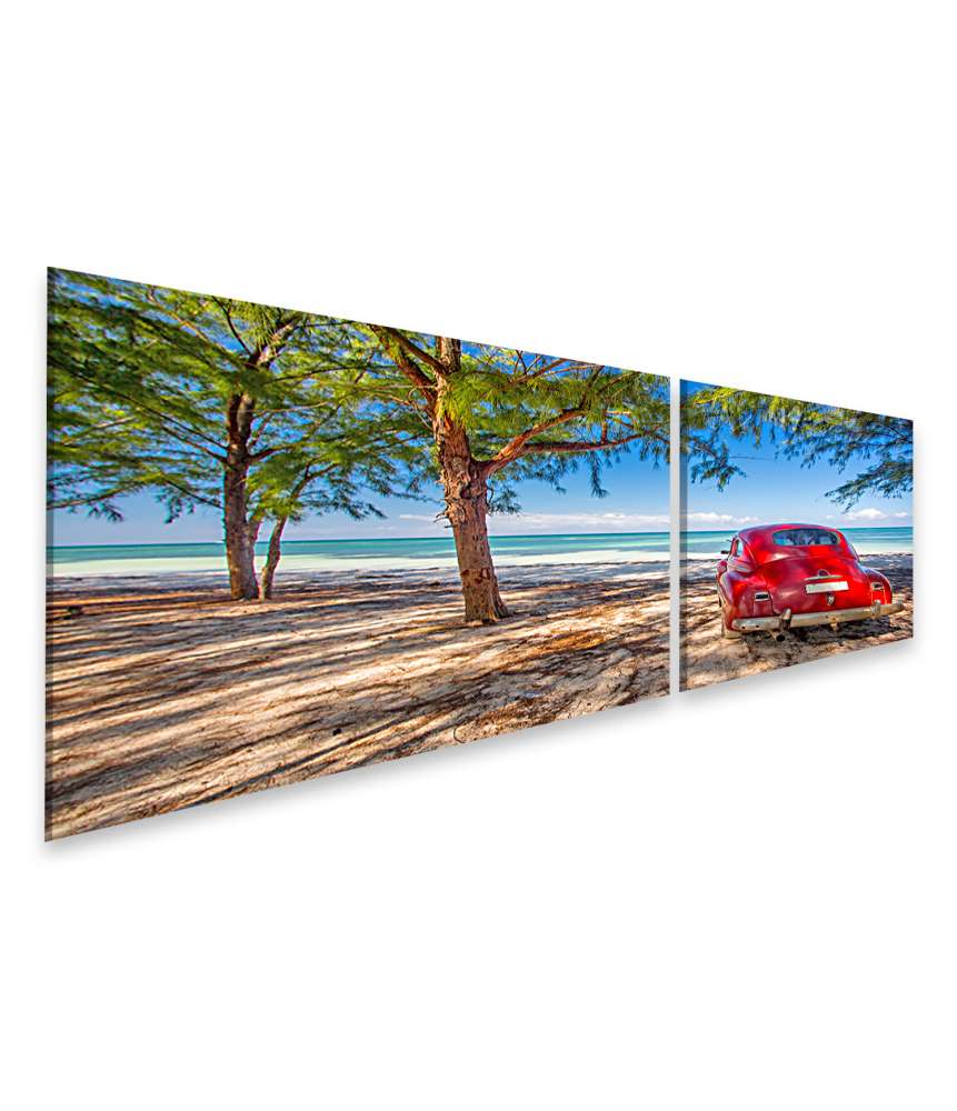 Islandburner Bild auf Leinwand Rotes Oldtimer-Auto am Strand in Kuba als Wandbild