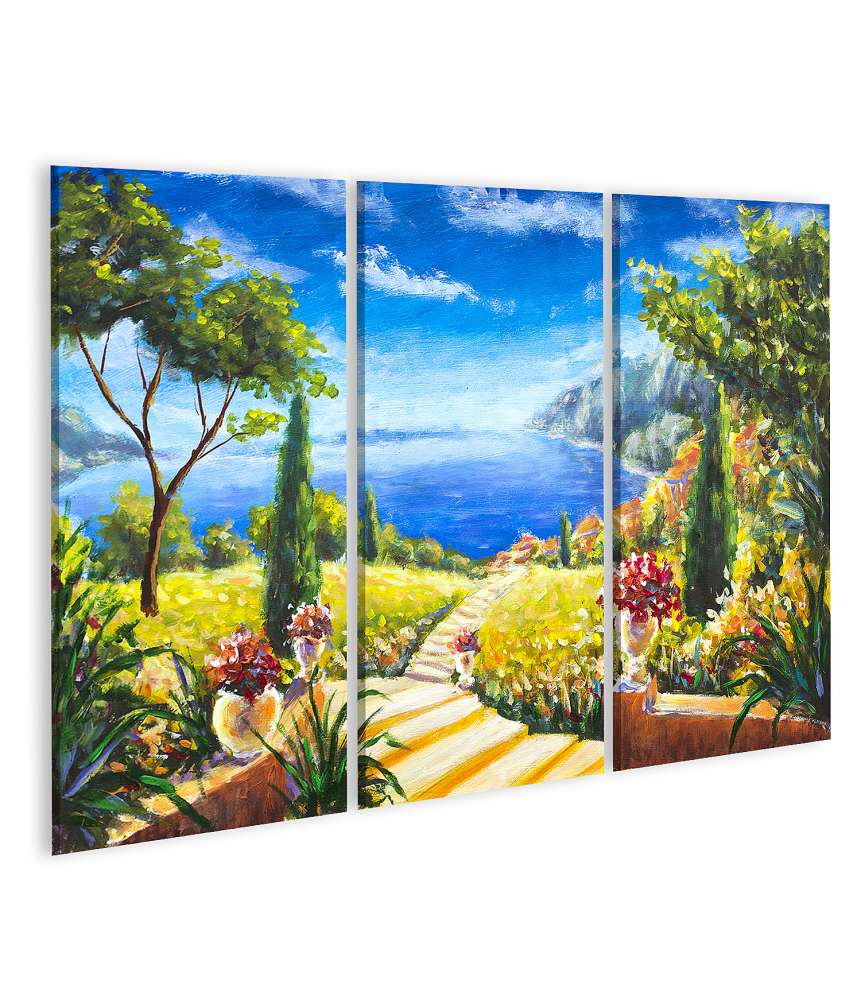 Islandburner Bild auf Leinwand Handgemaltes Wandbild: Sommerlandschaft mit Weg zum Ozean und Blumenvasen