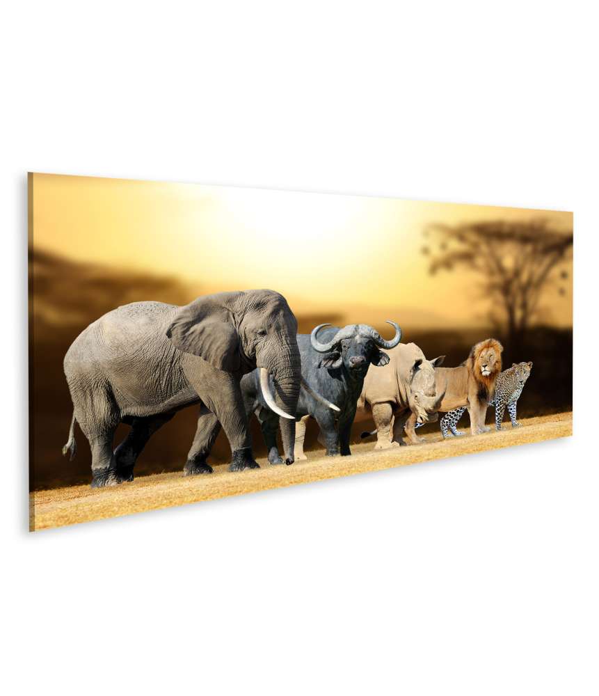 Islandburner Bild auf Leinwand Big Five Afrika-Wandbild für Kinder/Jugendzimmer: Löwe, Elefant, Leopard, Büffel, Nashorn