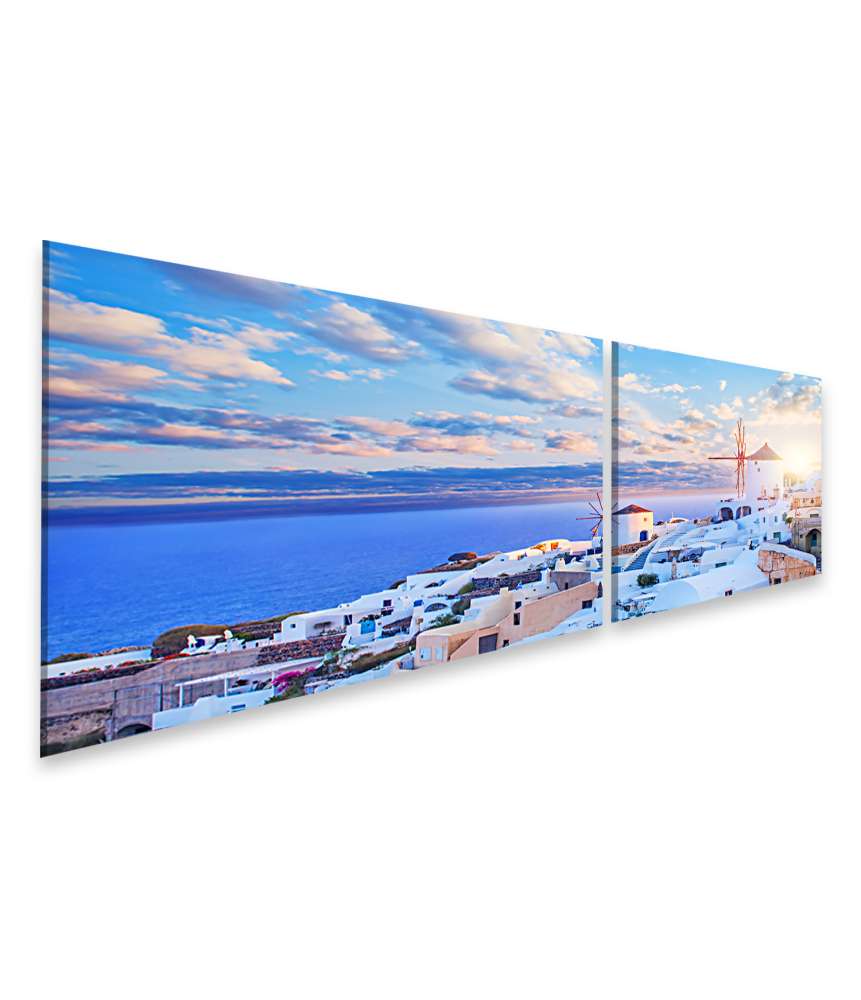 Islandburner Bild auf Leinwand Santorini-Skyline mit blauem Himmel, Wolken und Oia-Stadt, Griechenland