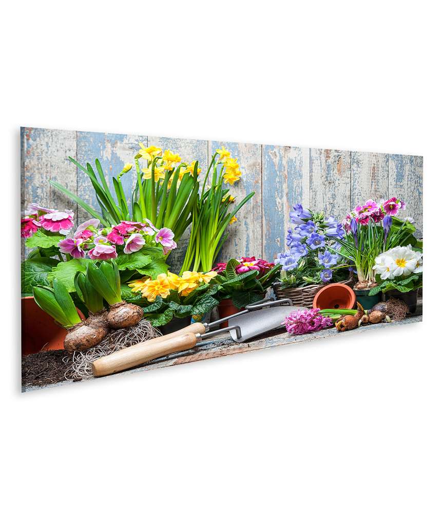 Islandburner Bild auf Leinwand Buntes Wandbild von Garten mit Frühlingsblumen für Hobbygärtner