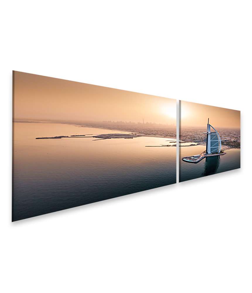 Islandburner Bild auf Leinwand Luftbild von Dubais luxuriöser Skyline und Seaside Hotels beim Sonnenaufgang