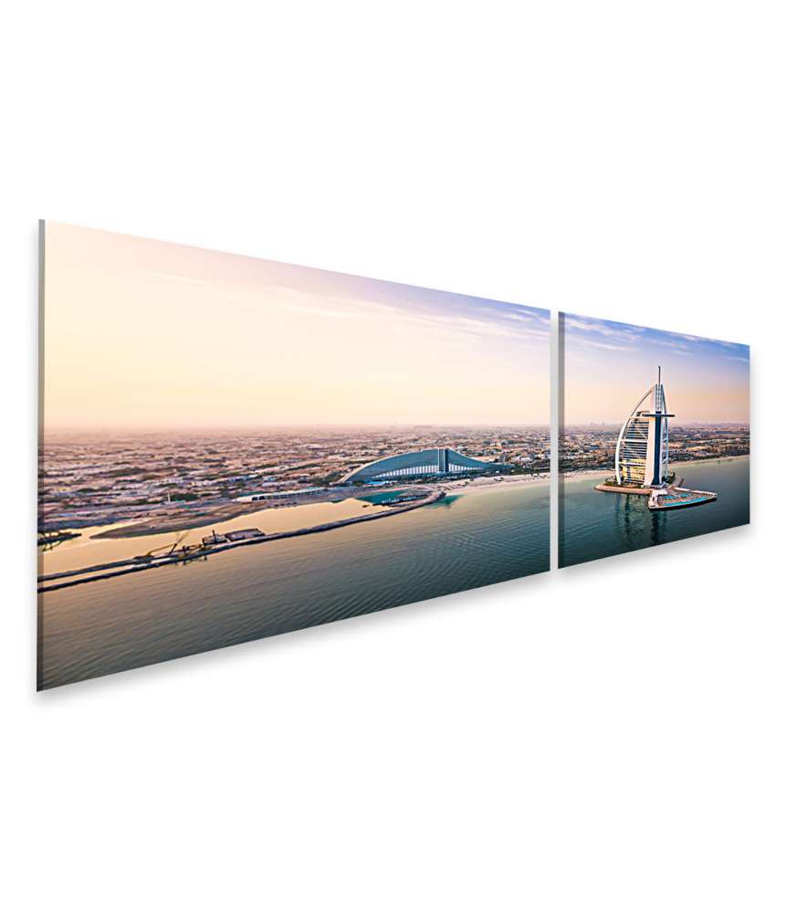 Islandburner Bild auf Leinwand Sonnenaufgang über Dubais Küsten-Skyline und dem Luxushotel Burj Al Arab