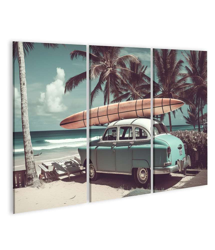 Islandburner Bild auf Leinwand Vintage Auto mit Surfbrett auf einem nostalgischen Wandbild