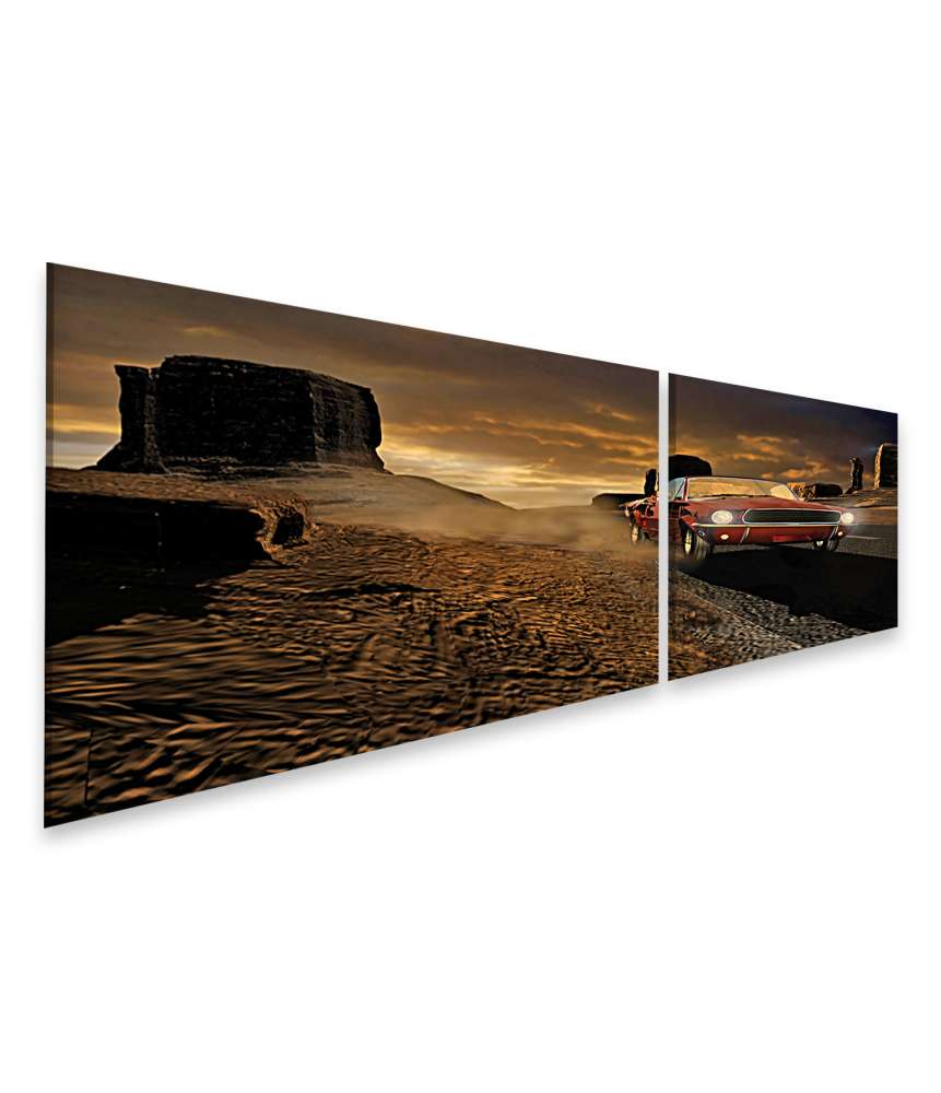 Islandburner Bild auf Leinwand 1967er Ford Mustang in metallrot vor Monument Valley-Wandbild