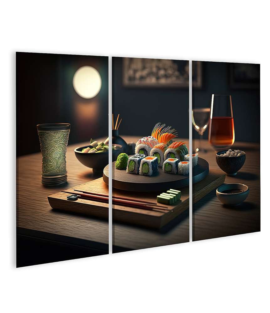 Islandburner Bild auf Leinwand Japanisches Sushi-Roll-Set, serviert auf Restauranttisch, Wandbild