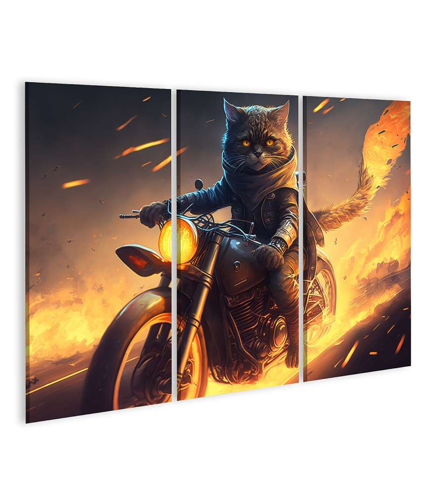 Islandburner Bild auf Leinwand Mutiger Superhelden-Biker reitet feurig mit Katze auf Motorrad