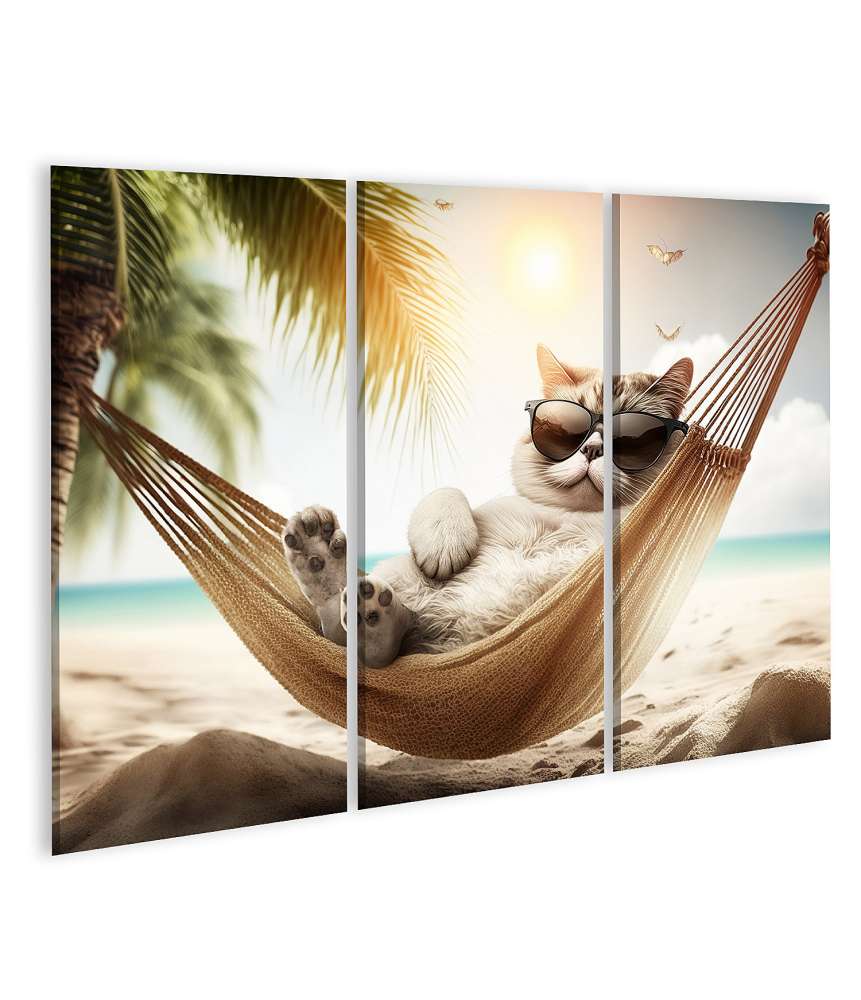 Islandburner Bild auf Leinwand Entspannte Katze mit Sonnenbrille am Strand - Lustiges Haustier-Urlaubsbild