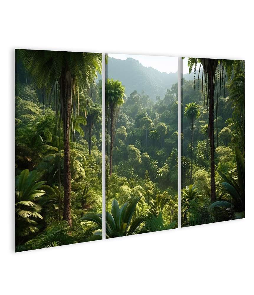 Islandburner Bild auf Leinwand Exotisches Wandbild: Dschungelpanorama mit üppigem Wald und tropischen Pflanzen