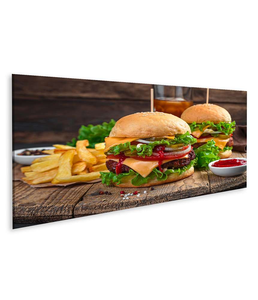 Islandburner Bild auf Leinwand Wandbild von zwei saftigen Burgern mit Pommes und Cola in einem Döner-Laden