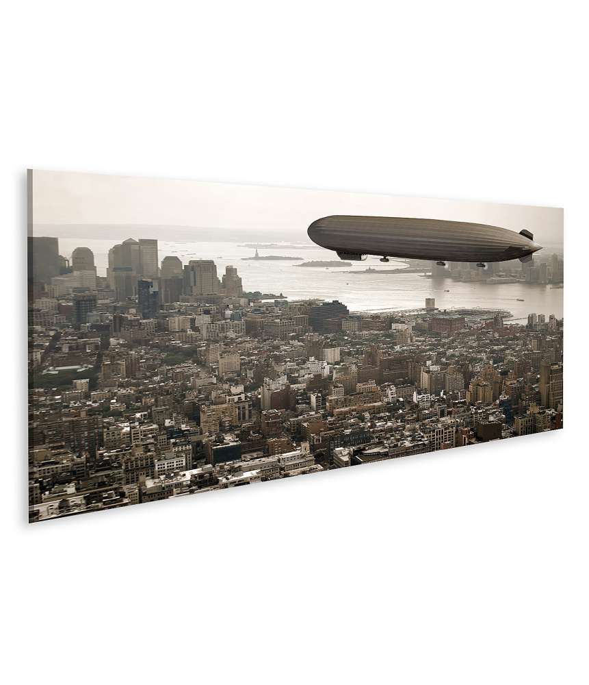 Islandburner Bild auf Leinwand Vintage-Stil Wandbild: Zeppelin schwebt über Manhattan