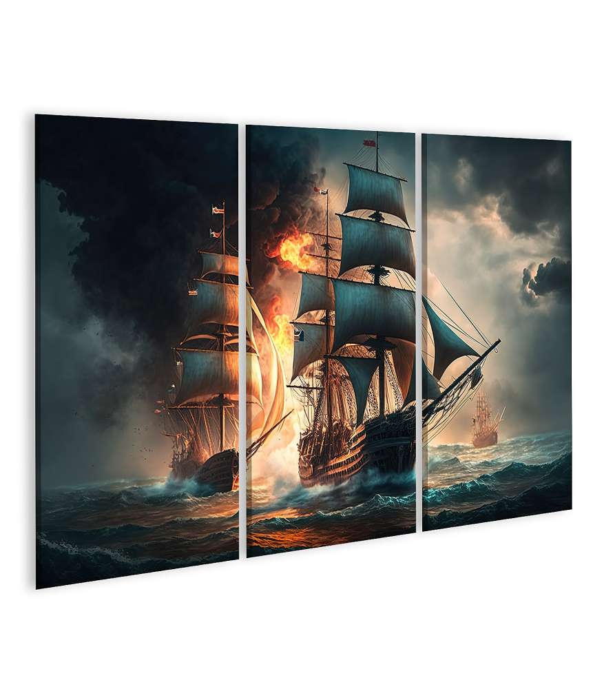 Bild auf Leinwand Alte Segelschiffe in einer dramatischen Seeschlacht mit Feuer und Rauch