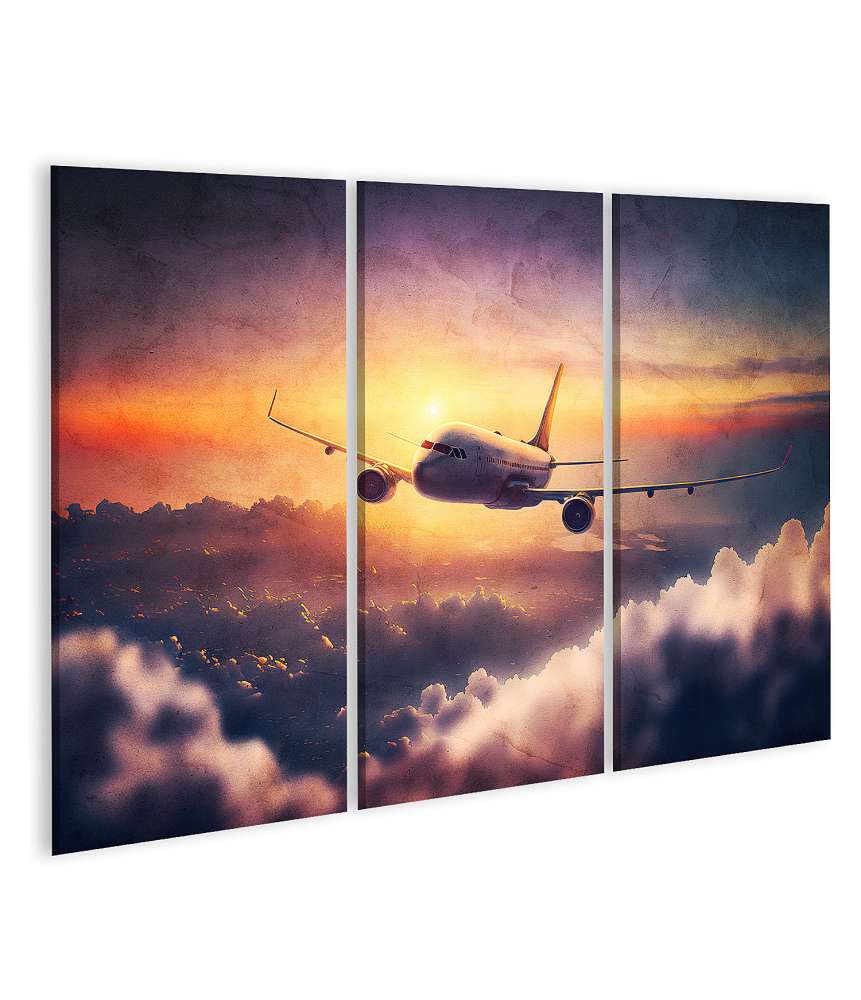 Islandburner Bild auf Leinwand Sonnenuntergang mit fliegendem Flugzeug im Aquarellstil