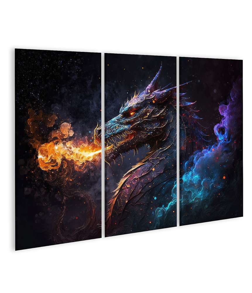 Islandburner Bild auf Leinwand Fantasy-Wandbild eines AI-generierten Drachen im riesigen Nachthimmel