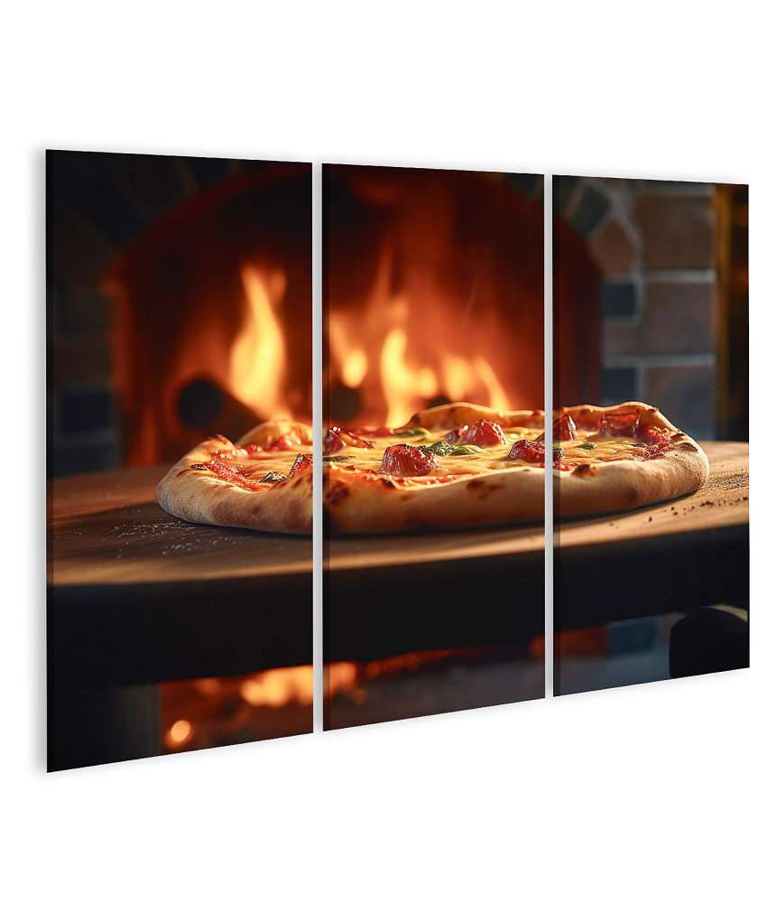 Islandburner Bild auf Leinwand Verlockendes Wandbild einer holzgefeuerten Pizza, serviert auf Holzbrett