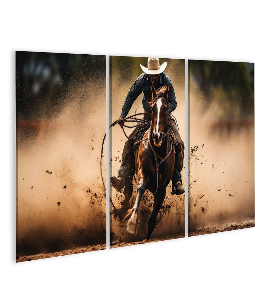 Islandburner Bild auf Leinwand Cowboy mit Hut reitet auf Pferd und schwingt Lasso in Westernlandschaft