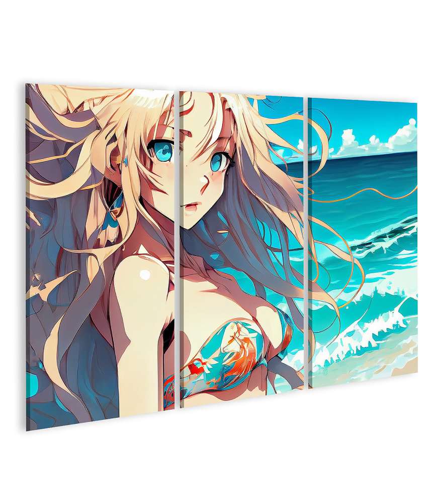 Islandburner Bild auf Leinwand Anime-Mädchen mit langem blauen Haar in Cosplay-Manga-Stil Wandbild