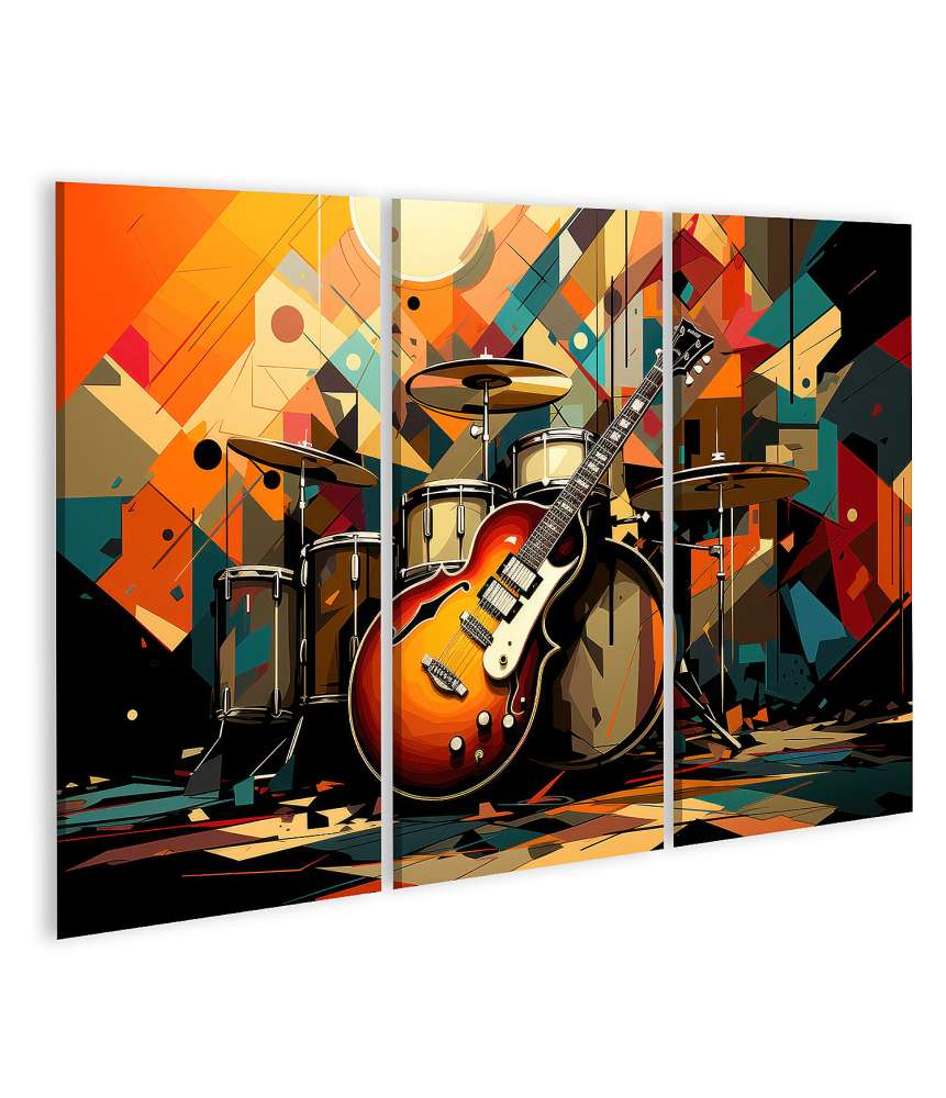 Islandburner Bild auf Leinwand Vibrantes Wandbild mit Gitarre und Schlagzeug auf Bühnendarstellung