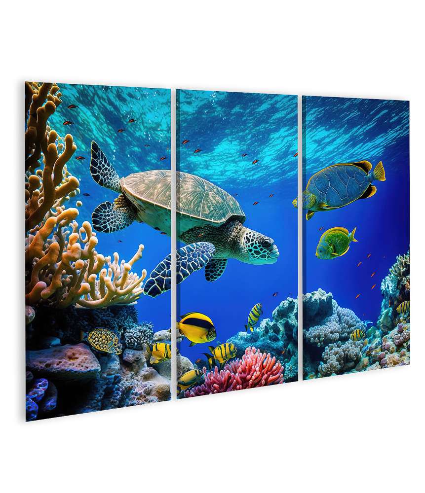 Islandburner Bild auf Leinwand Unterwasserwandbild mit wilder Seeschildkröte, Fischen & Korallenriff